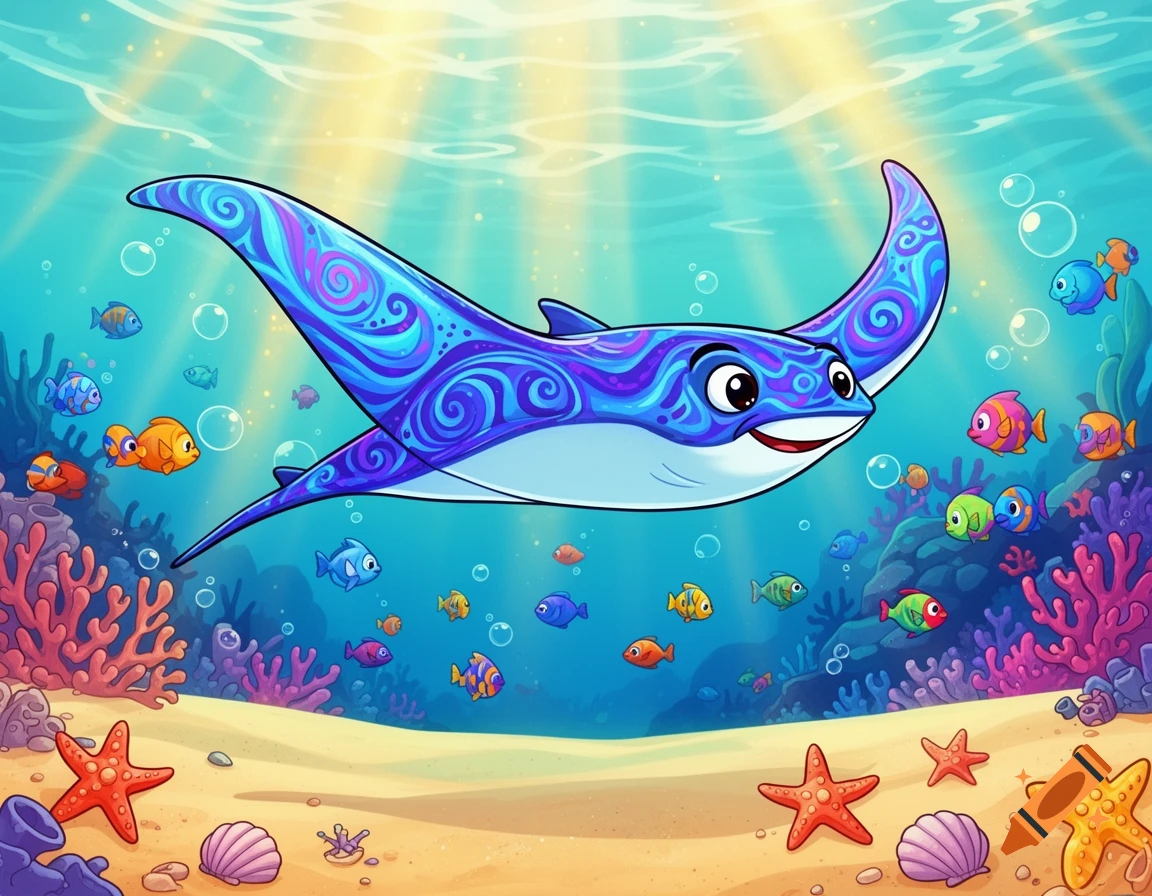 A cartoon blue and purple manta ray with swirl patterns swims in a vibrant ocean with colorful fish, coral, and starfish.