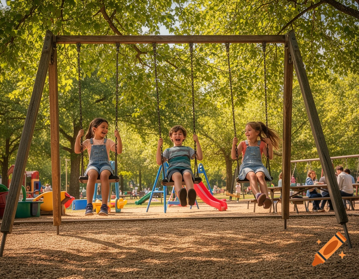 Three happy children laugh and swing on a wooden swing set in a sunny, green park.