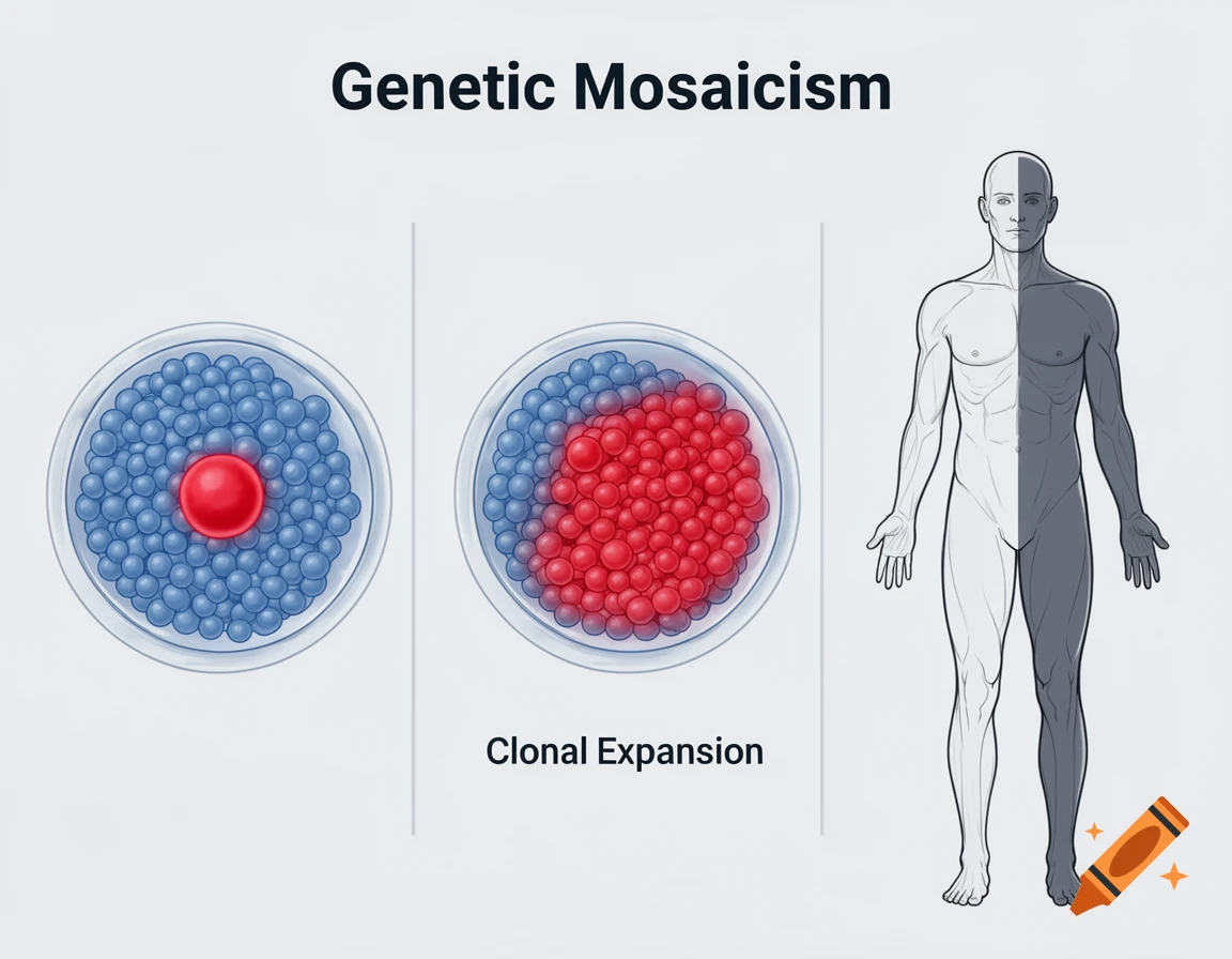 A medical illustration showing genetic mosaicism with three panels: a microscopic view of an embryo with a single red cell among blue cells, then with a cluster of red cells, and a human outline shaded on one side.