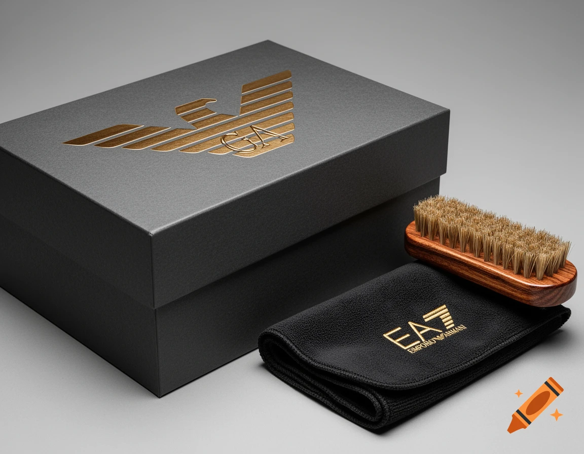 A dark luxury shoebox with a gold eagle logo, a folded black microfiber cloth with a gold EA7 logo, and a wooden scrubbing brush.