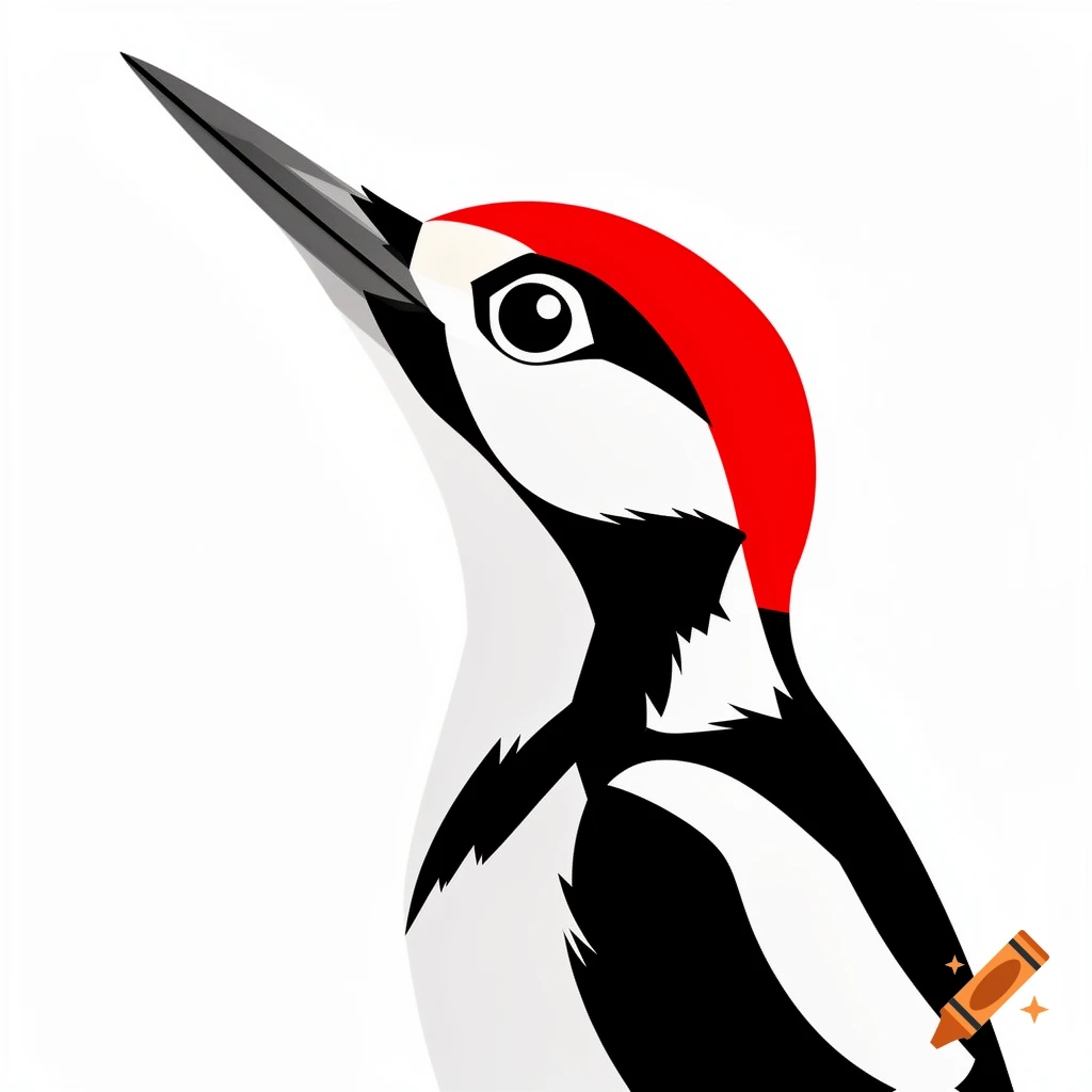 Minimalist vector illustration of a great-spotted woodpecker's head with red crown, black and white plumage, and long beak, looking up.