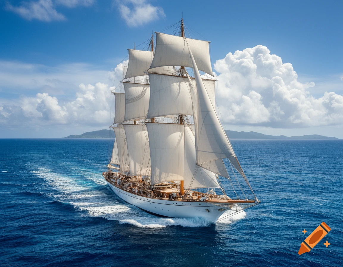 A majestic white four-masted sailing ship with full sails cuts through a deep blue ocean under a clear sky, leaving a white wake.