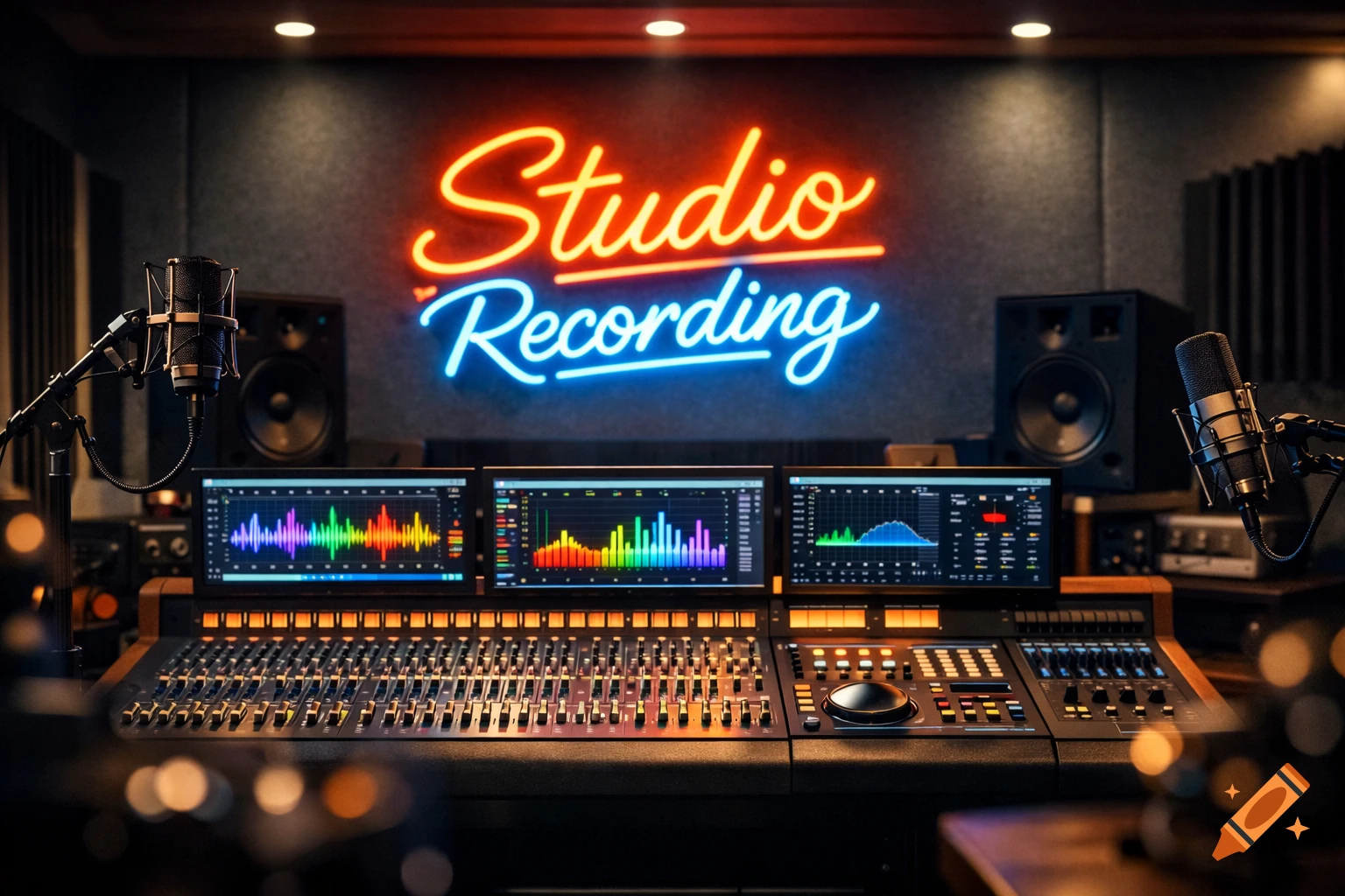 A professional recording studio with a sound mixing console, screens, microphones, and a vibrant 'Studio Recording' neon sign.