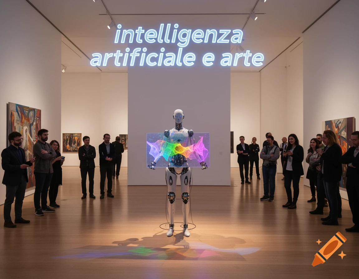 A humanoid robot displays a colorful abstract hologram at an art exhibit, observed by people under glowing text "intelligenza artificiale e arte".