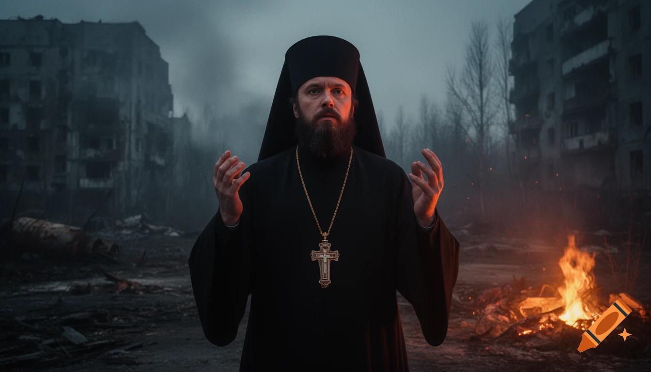 A bearded Orthodox priest in black robes and cross, with raised hands, stands in a desolate, ruined city with a fire, cinematic style.