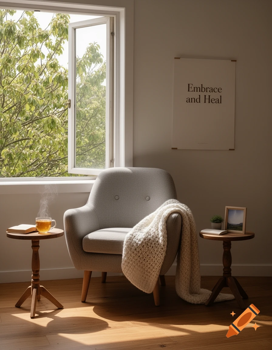 A cozy armchair with a blanket by an open window, a steaming cup of tea on a side table, and an 'Embrace and Heal' poster on the wall.