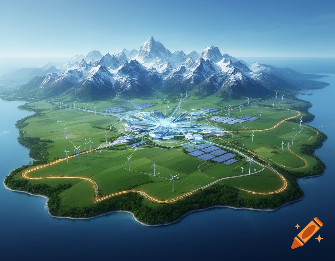 Aerial view of a futuristic island featuring snow-capped mountains, green plains, a high-tech city, wind turbines, and solar panels by the sea.