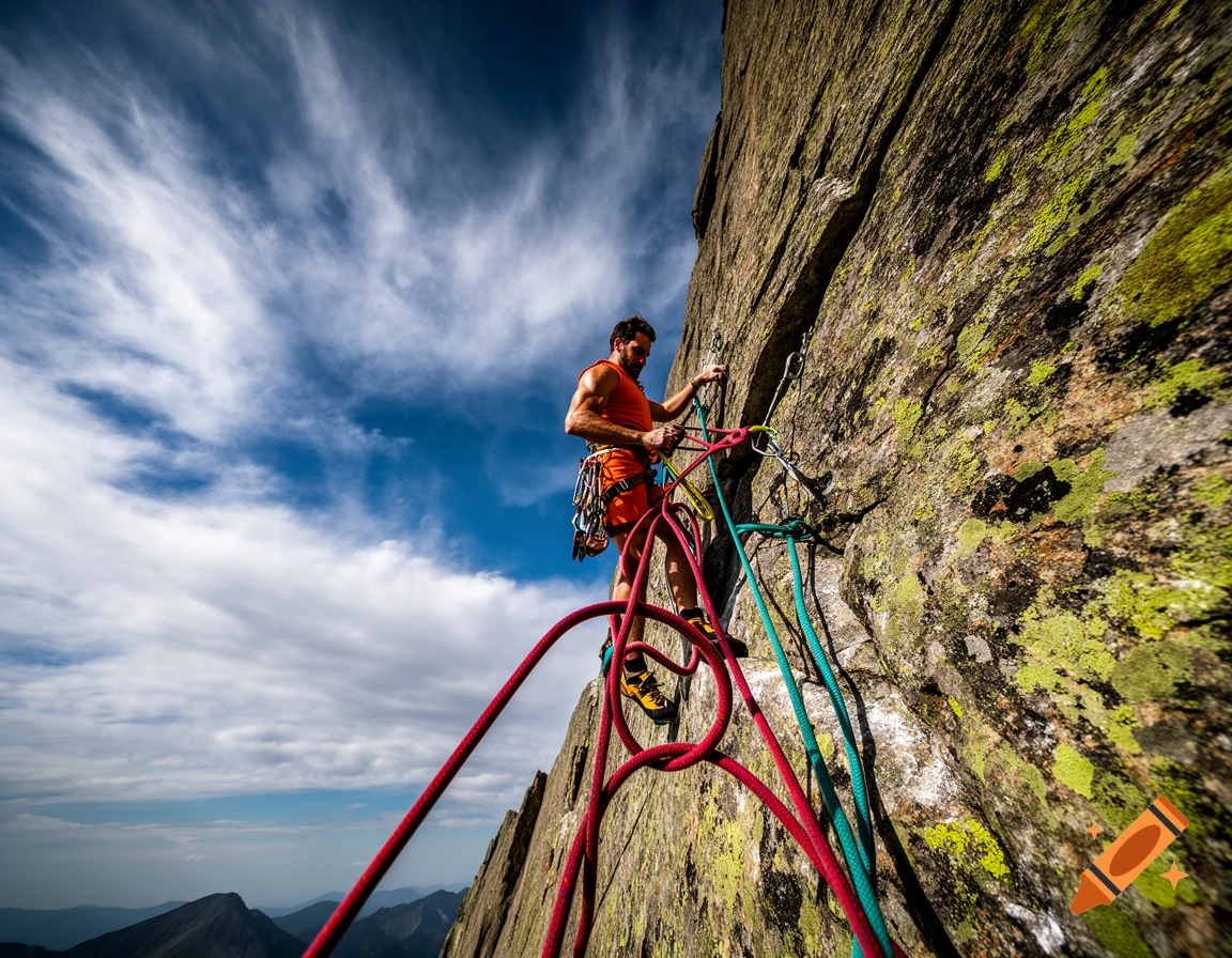 A man in orange climbing gear ascends a rocky cliff face, secured by red and teal ropes, under a dramatic blue sky.