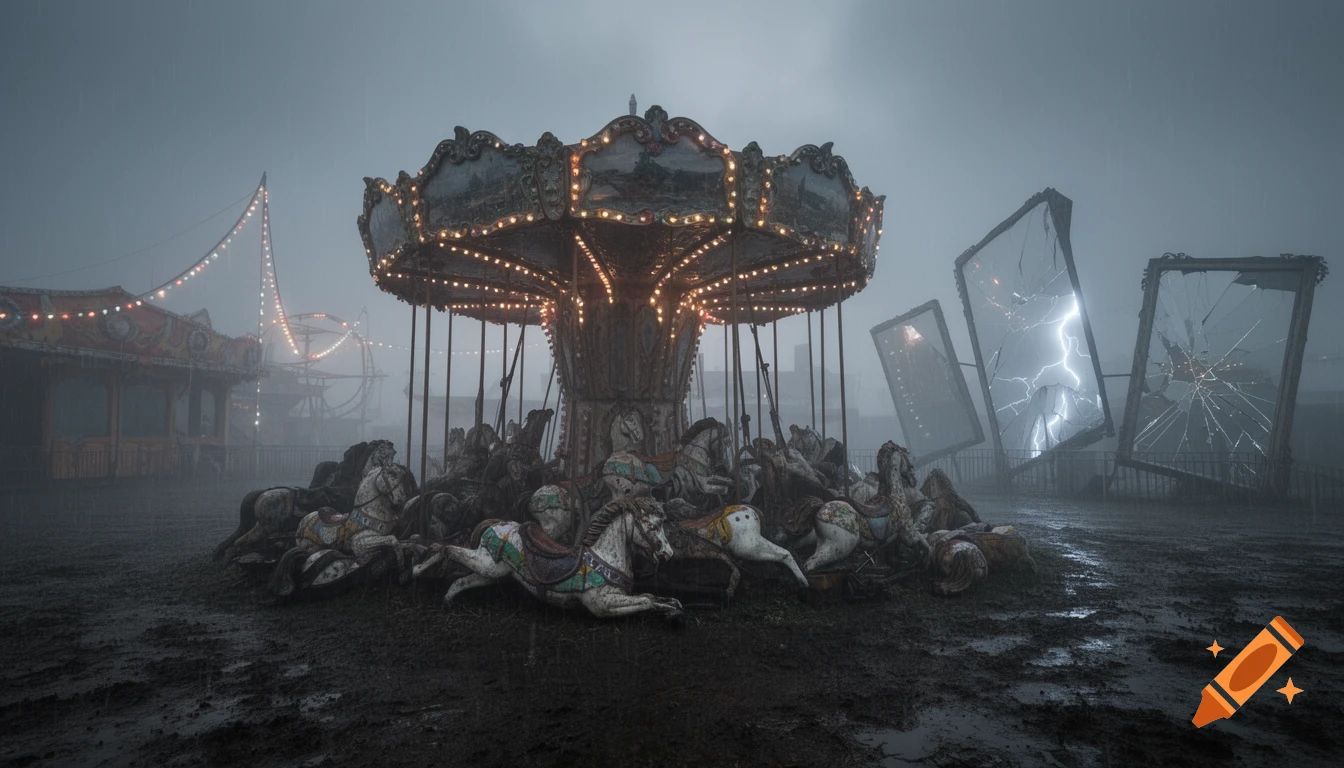 A ruined, rain-lashed carnival midway with broken carousel horses, sparking lights, shattered mirrors, and lightning in the fog.