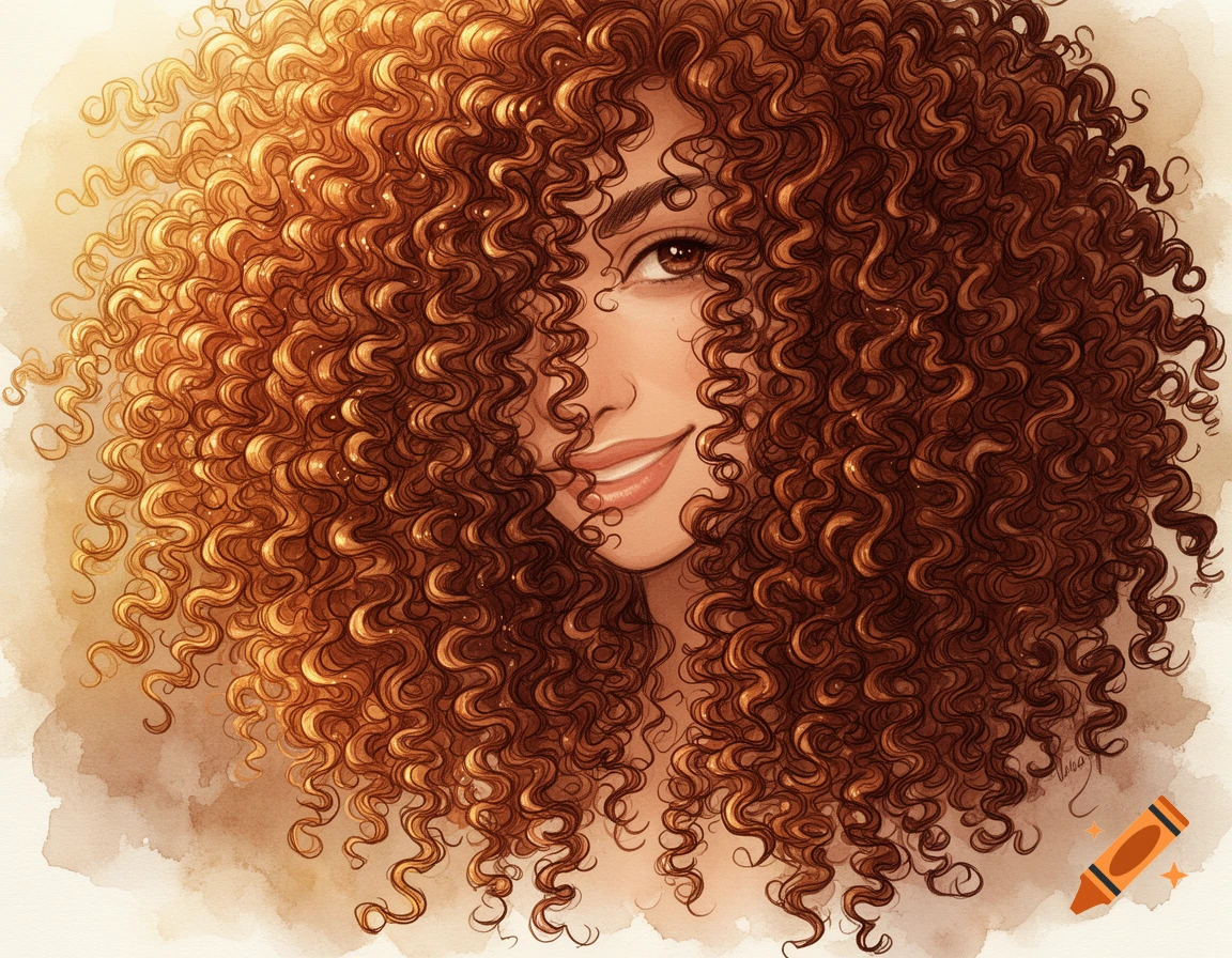 Watercolor illustration of a woman's face with a partial smile, mostly covered by a mass of voluminous, reddish-brown curly hair.