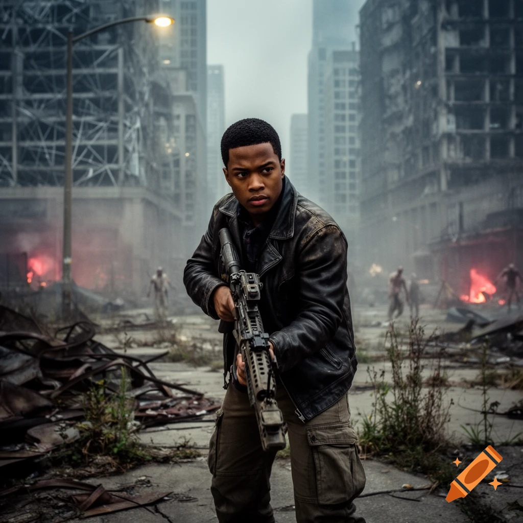 A young man holds a rifle, looking alert in a destroyed, smoky post-apocalyptic city street with distant zombies and fires, photorealistic.