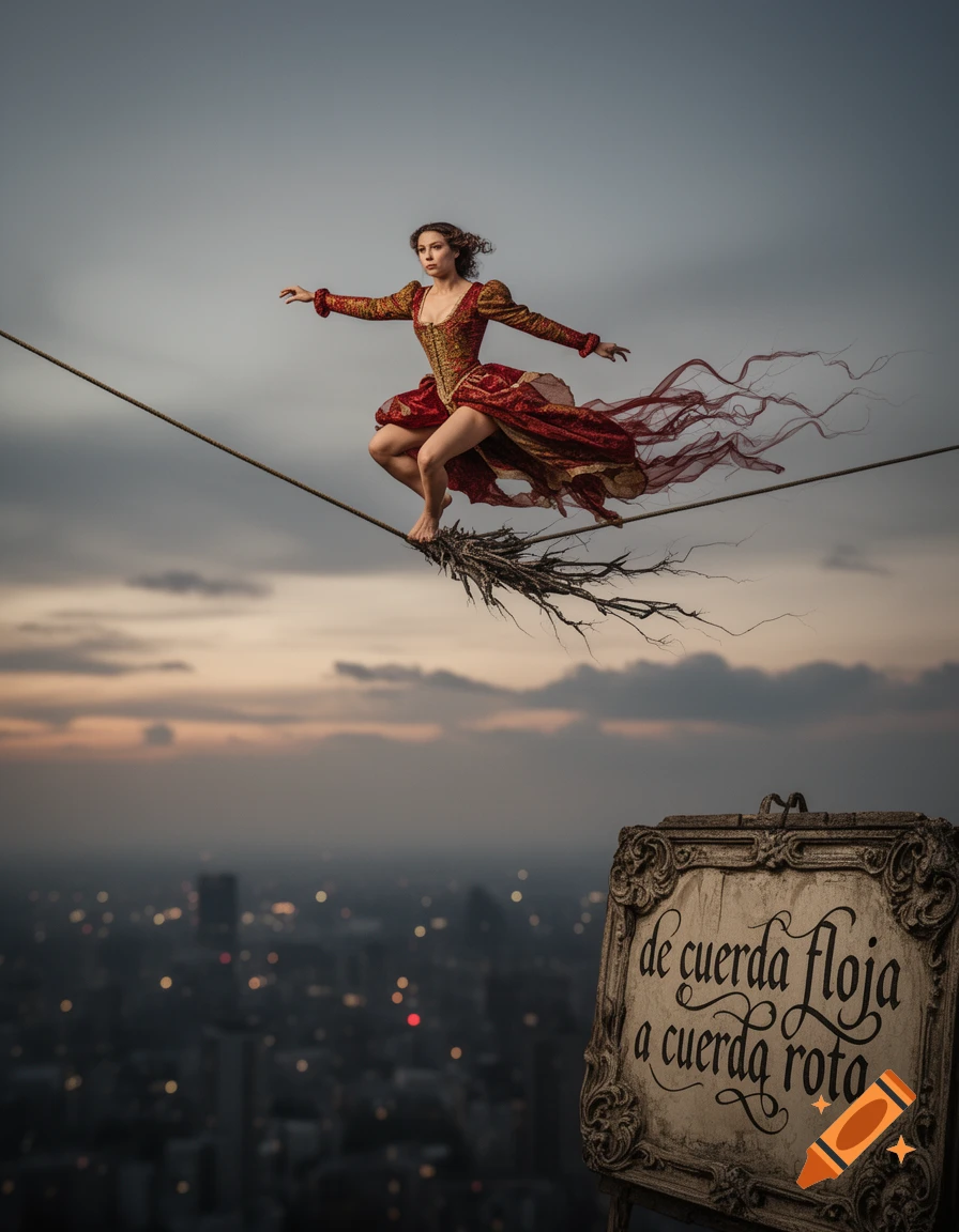 A woman in a red and gold dress balances on a rope above a city skyline at sunset, with a sign reading 'de cuerda floja a cuerda rota'.