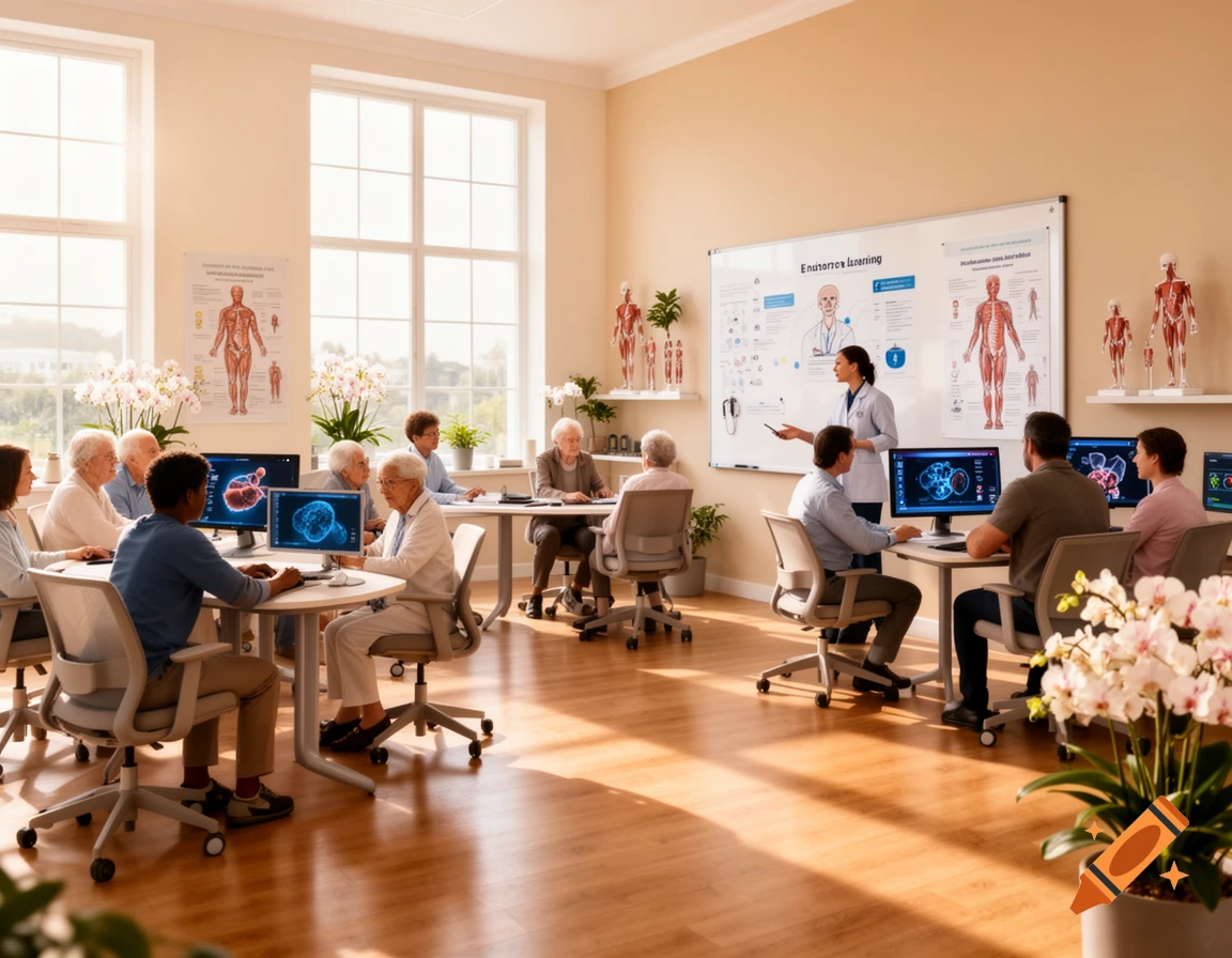 Elderly students in a bright, modern classroom learning about human anatomy from a teacher at a whiteboard, with computers and anatomical models.