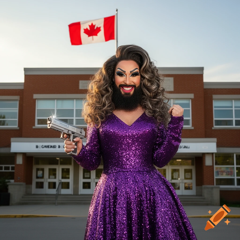A drag queen with a beard and a purple sequined dress holds a silver handgun, posing in front of a school building with a Canadian flag flying above it.