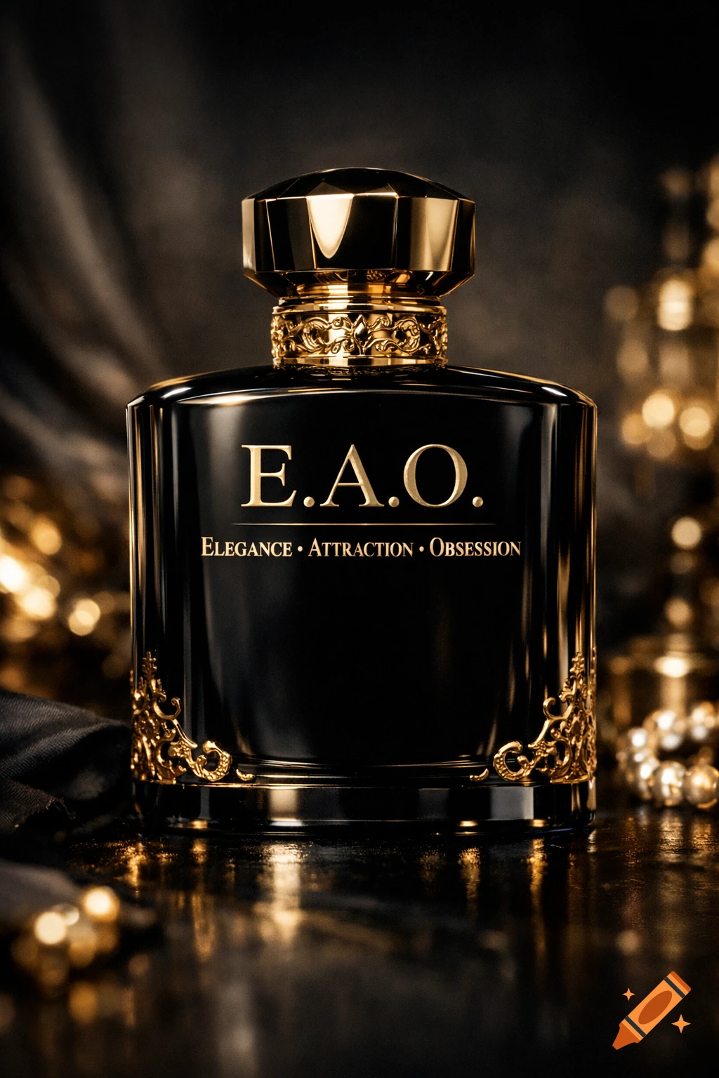 A black and gold luxury perfume bottle labeled 'E.A.O. Elegance Attraction Obsession' on a dark, reflective surface with bokeh lights, photorealistic.