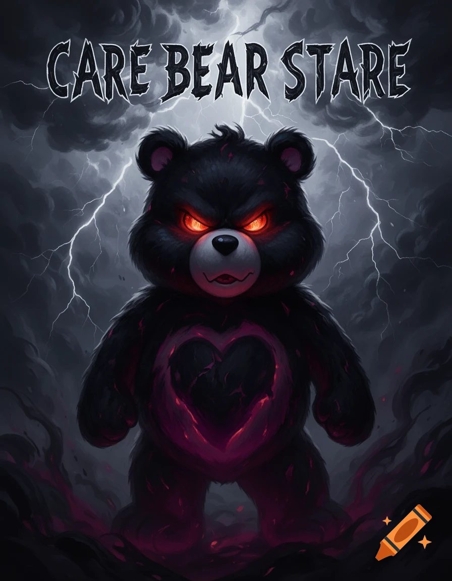 A menacing black Care Bear with glowing red eyes and a cracked heart symbol stands under a stormy sky with lightning.