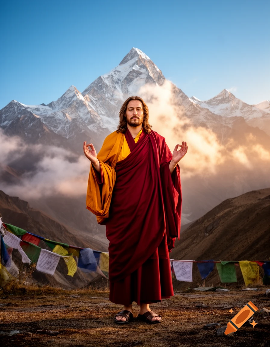 A man resembling Jesus, dressed as a Buddhist monk, meditating with prayer flags in front of snow-capped mountains at sunset.