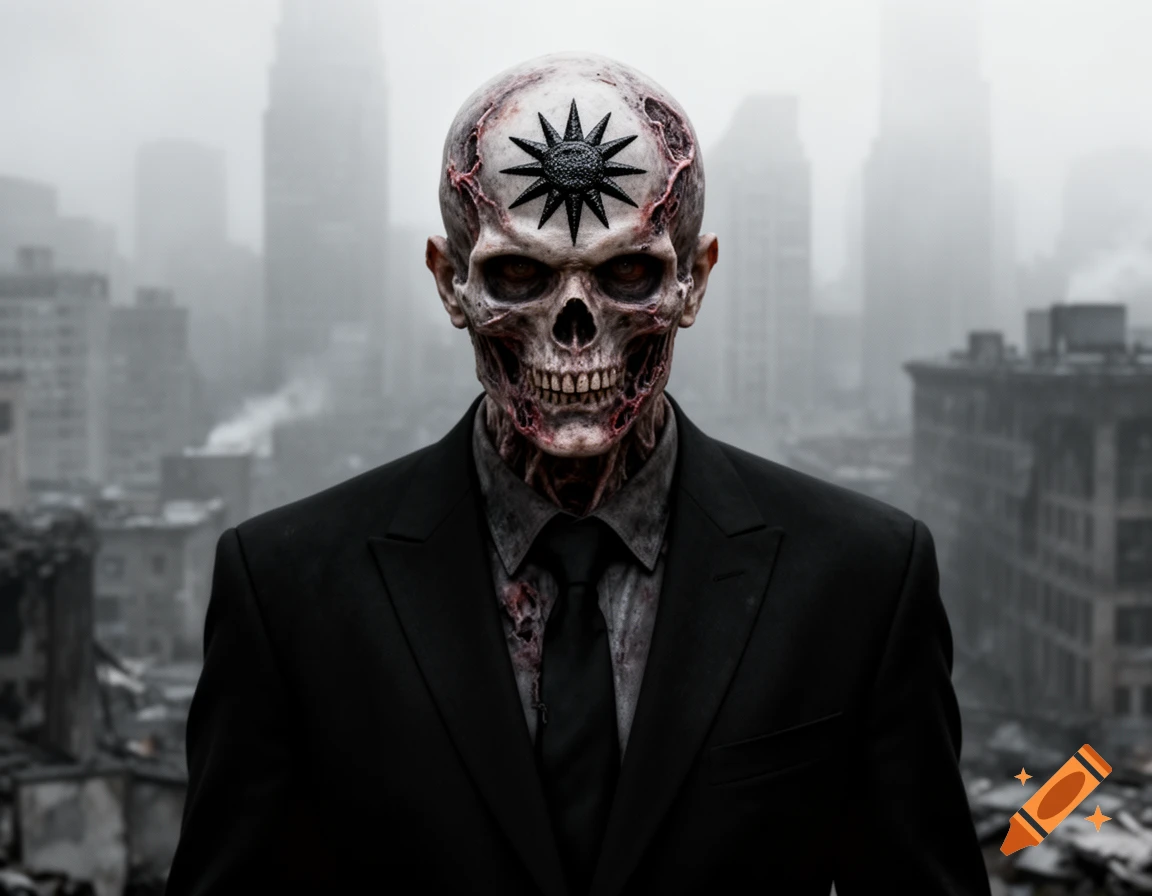 A zombie-like man in a suit with exposed skull and a black sun symbol on his forehead stands in a foggy, destroyed city.
