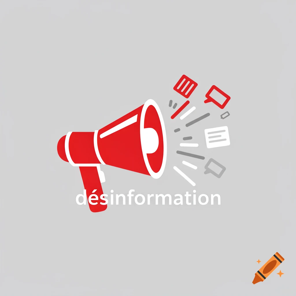 A red megaphone icon with scattered document and chat bubble icons, and the word 'désinformation' (disinformation) below it, on a grey background.