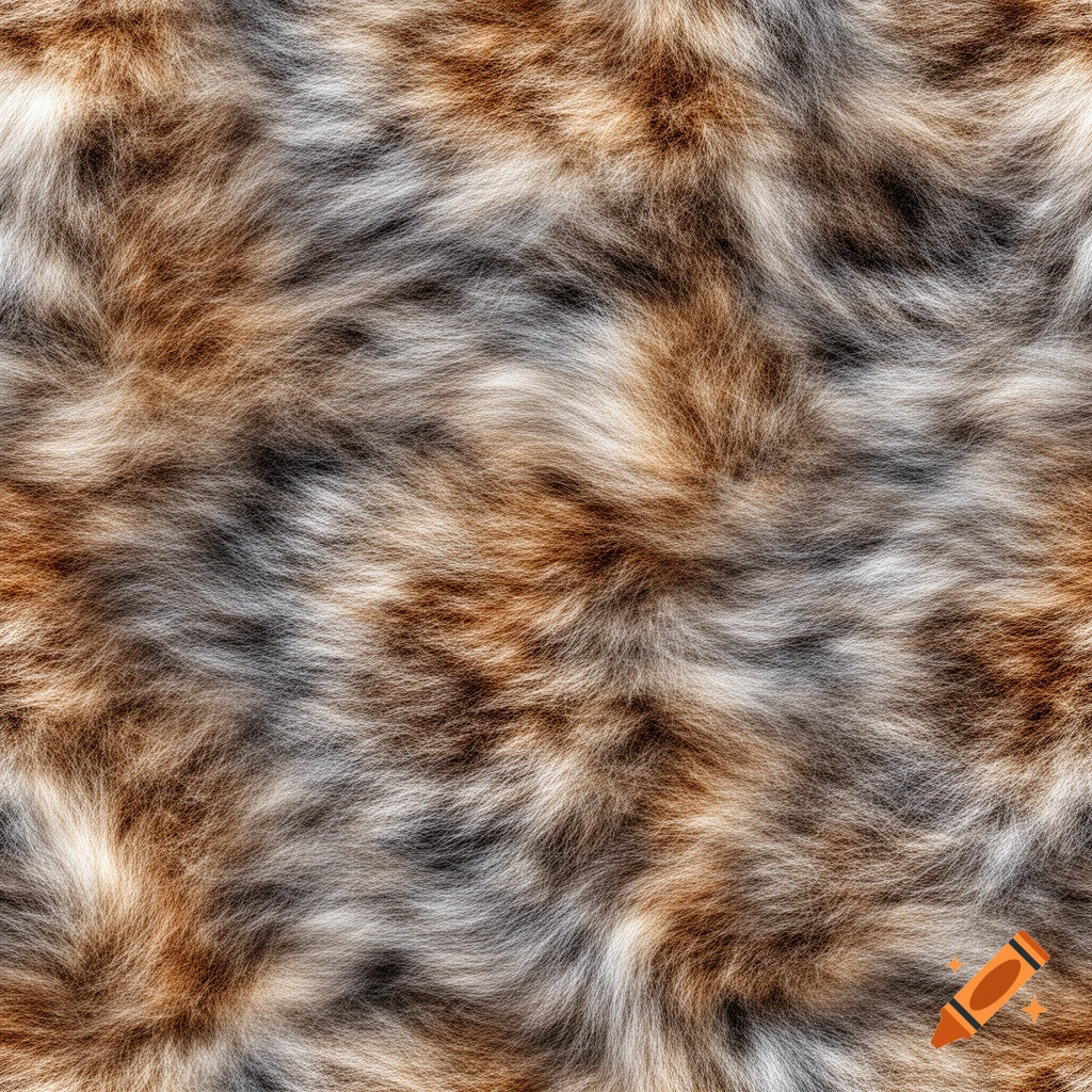 A detailed seamless texture of brown, white, and grey cat fur.