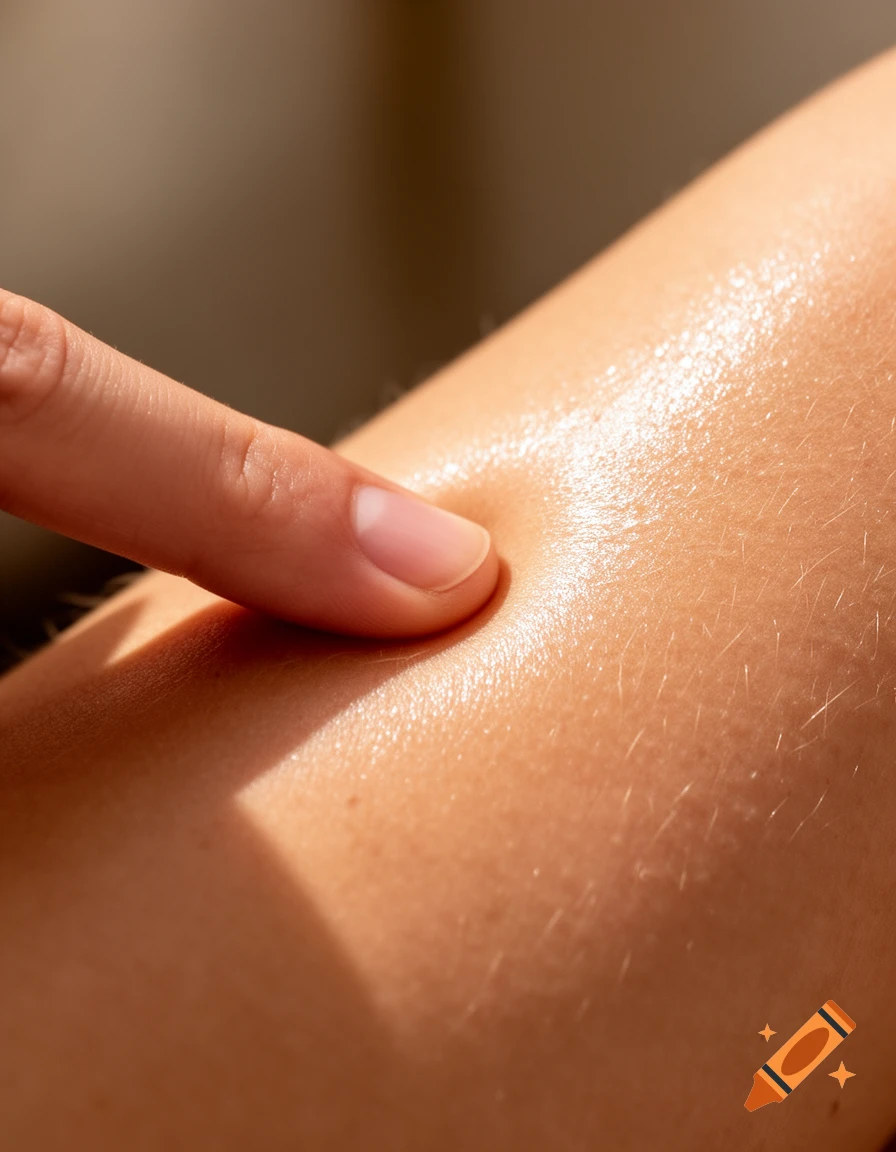 Close-up of a finger gently pressing into a person's slightly glistening skin, showing skin texture and fine hairs.