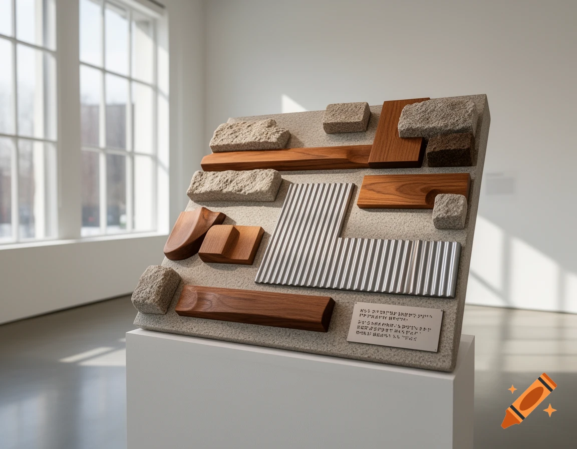 A mixed-media art installation featuring various textures like wood, stone, and corrugated metal on a textured base, with a braille-like plaque, displayed in a bright gallery.