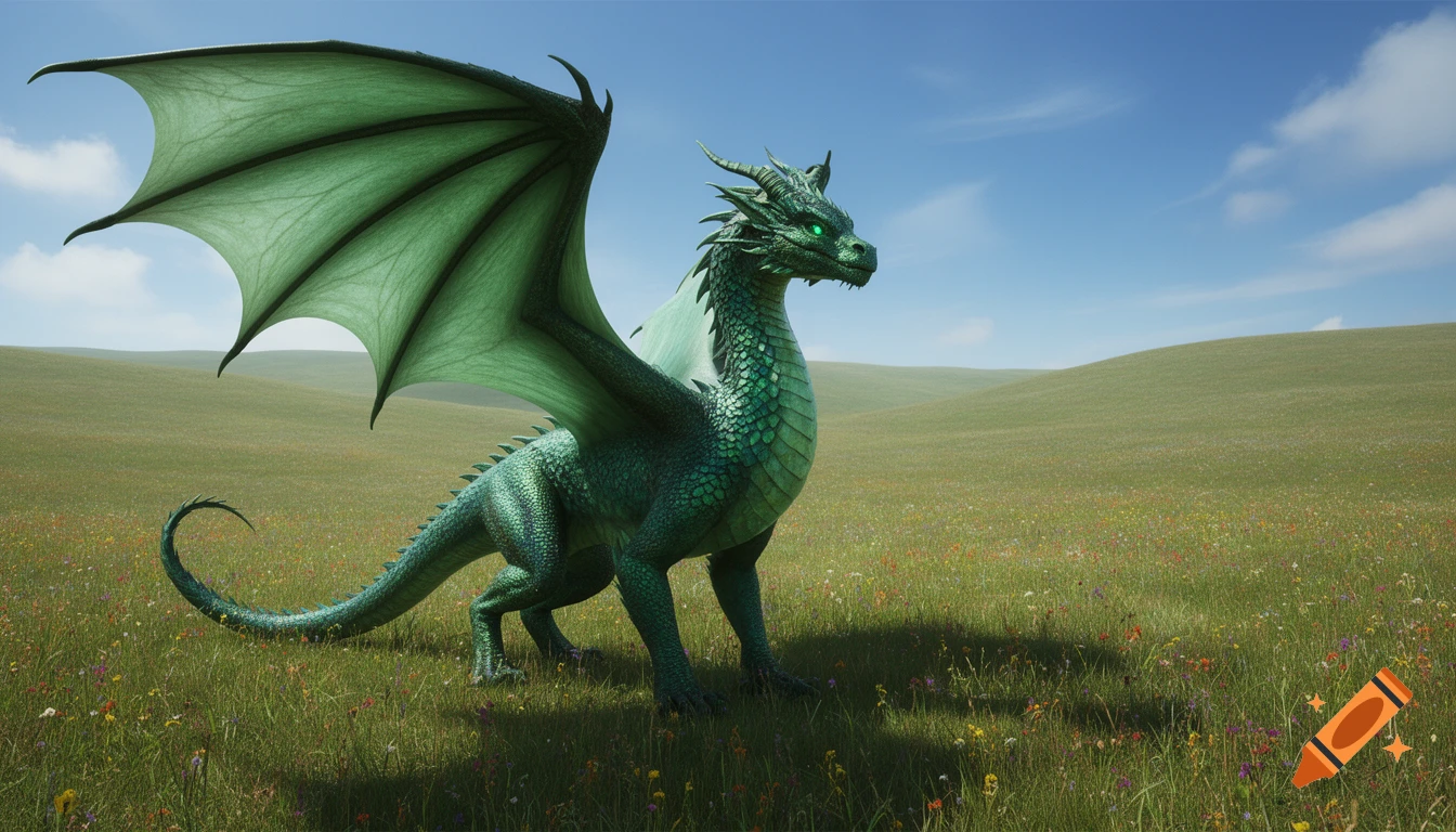 A majestic green dragon with large wings and glowing emerald eyes ...