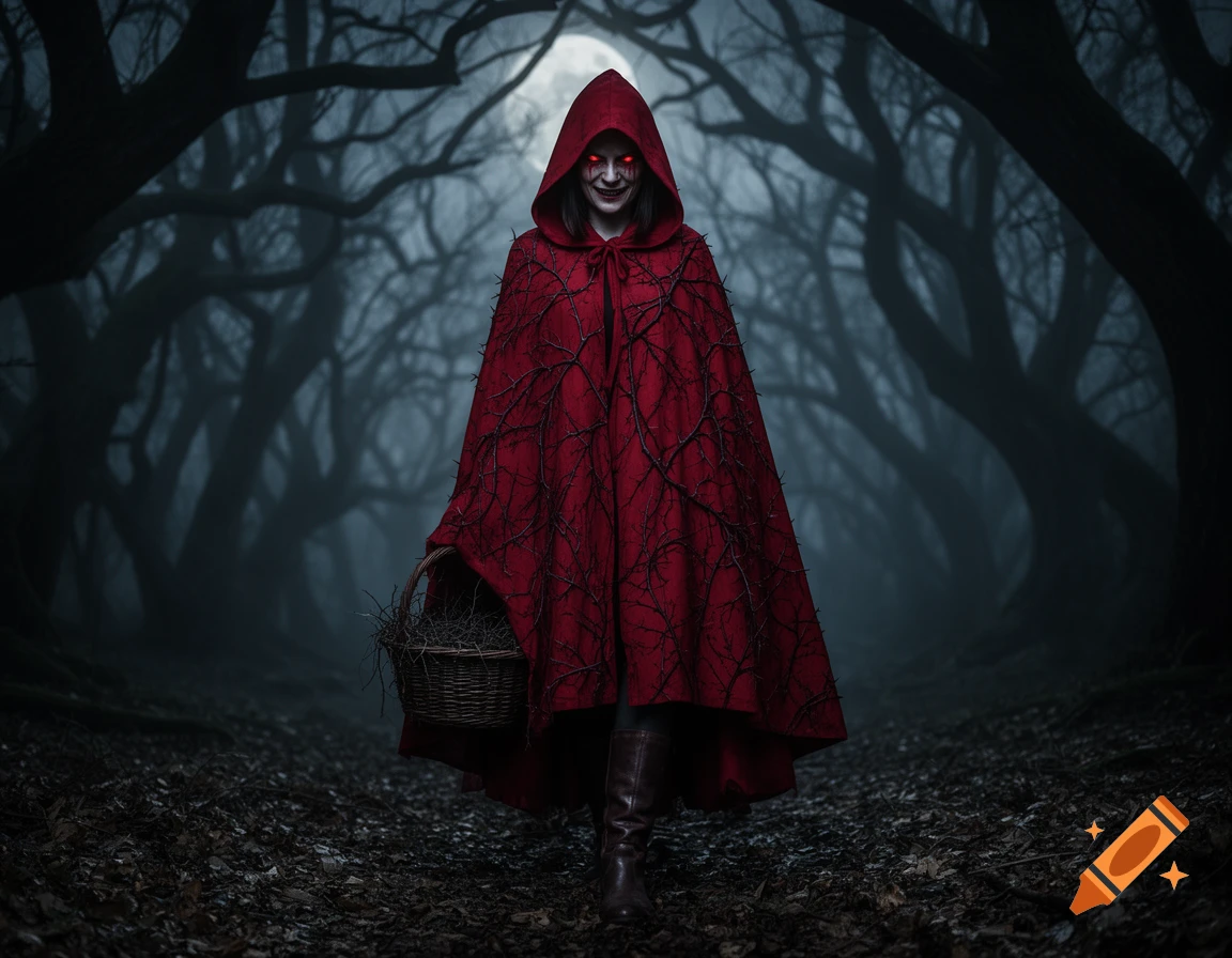A sinister Red Riding Hood with glowing red eyes and a twisted smile stands in a dark, misty forest, holding a basket.