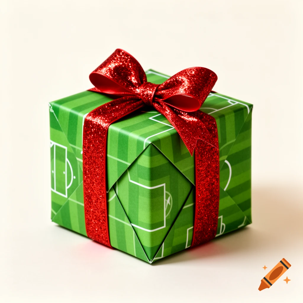 A green gift box wrapped in soccer field patterned paper, tied with a sparkly red ribbon and bow.