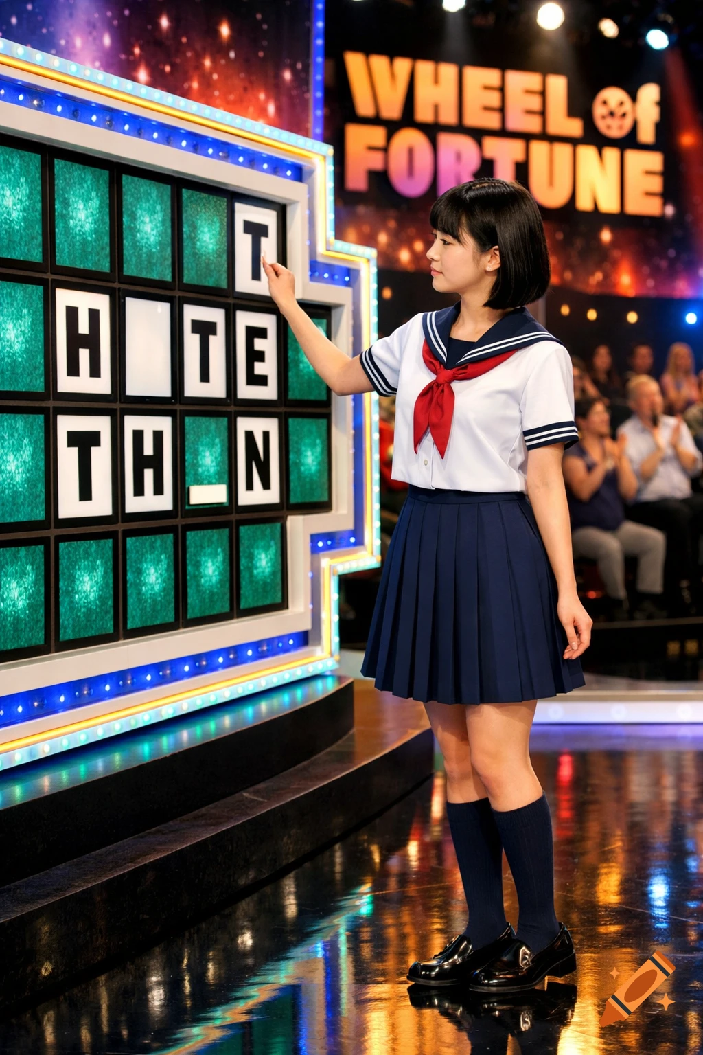 A Japanese student in a sailor uniform reveals letters on a Wheel of Fortune puzzle board on a brightly lit set.