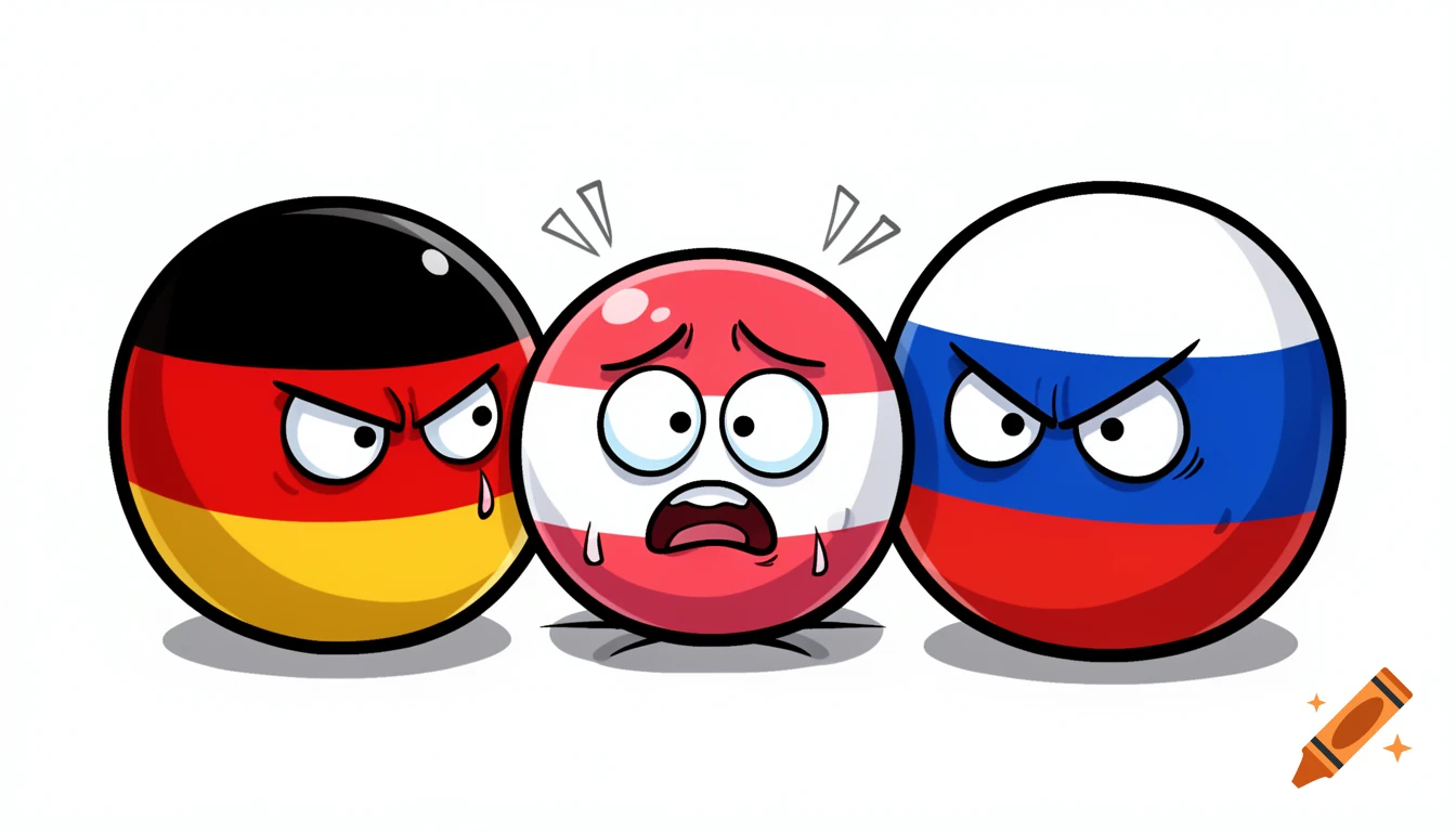 Cartoon countryballs of angry Germany and Russia flanking a scared Austria on a white background.