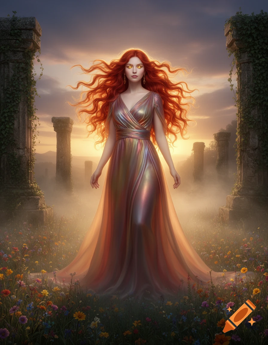 A red-haired half-goddess with glowing eyes in an iridescent gown stands in a wildflower field with ancient ruins at sunset.
