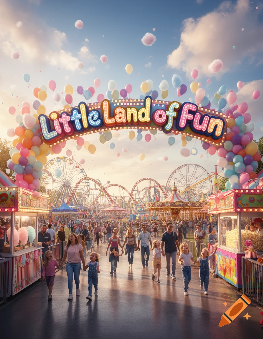 A vibrant amusement park entrance with a sign "Little Land of Fun", colorful balloons, and families walking through a crowded fairground.