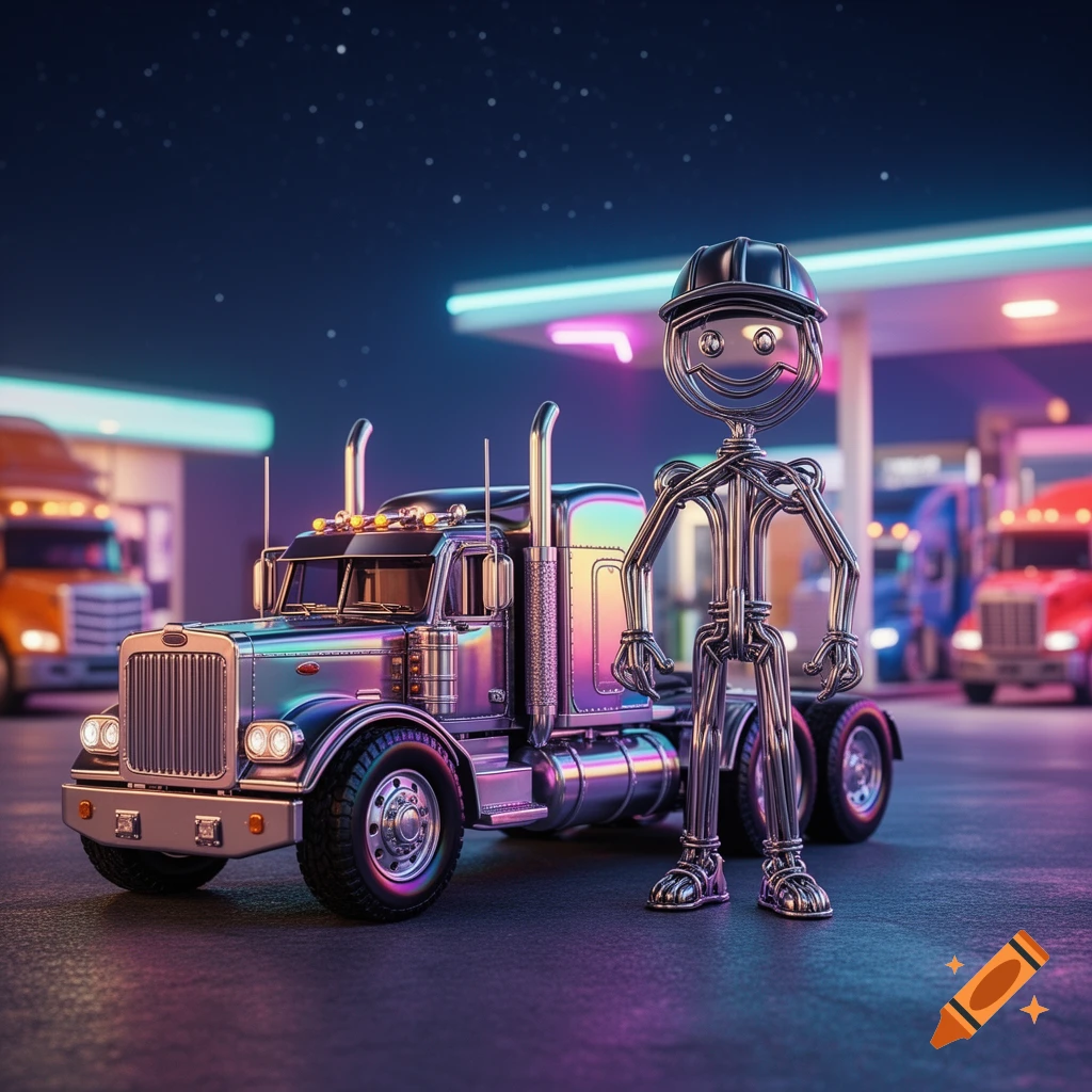 A smiling 3D chrome stick figure wearing a hard hat stands next to a shiny semi-truck at a neon-lit gas station at night.