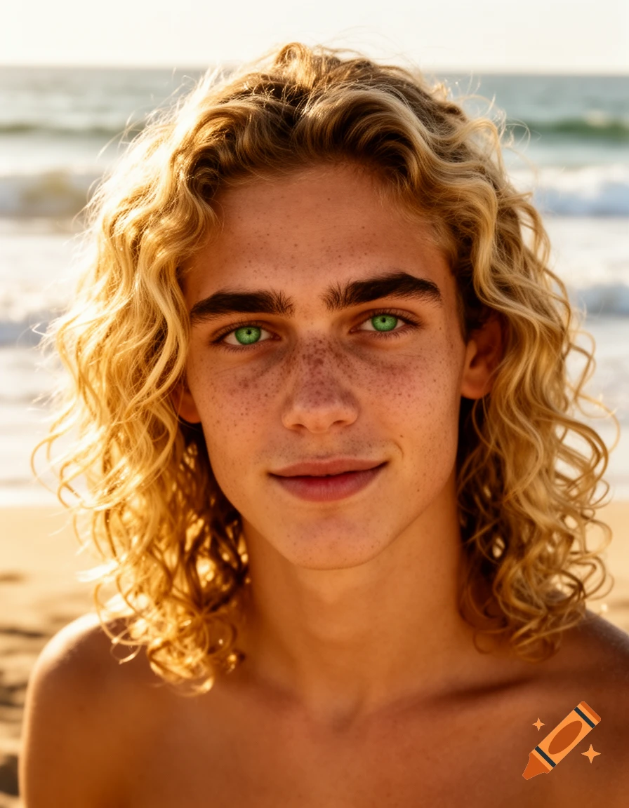 Photorealistic portrait of a young man with curly blonde hair, freckles, and striking green eyes on a sunny beach.