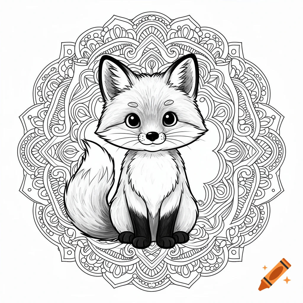 A cute fox in a coloring page style with bold black outlines, centered on an intricate mandala pattern.