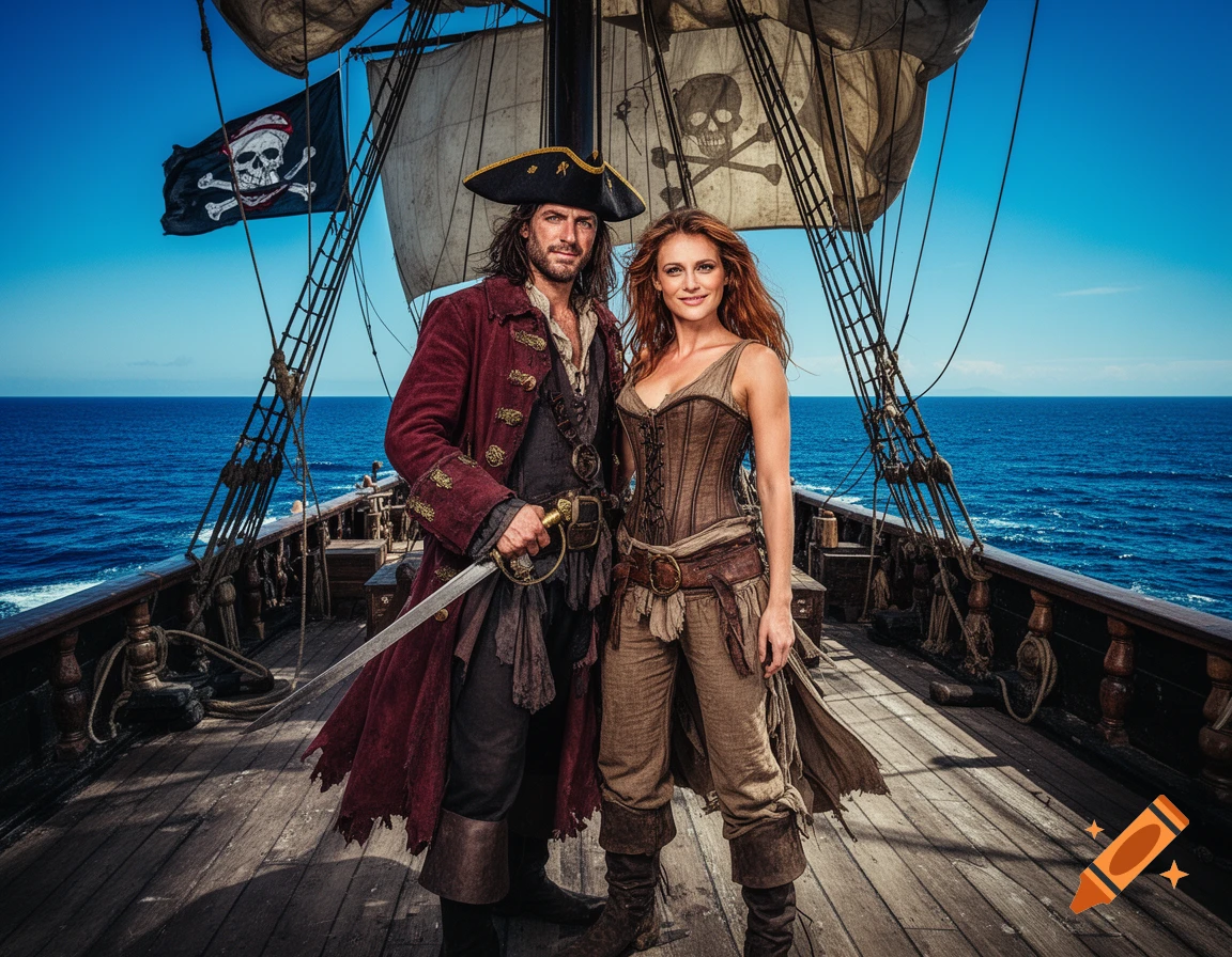 A photorealistic image of a man and a woman dressed as pirates standing on a ship deck with pirate flags, sailing on a blue sea.