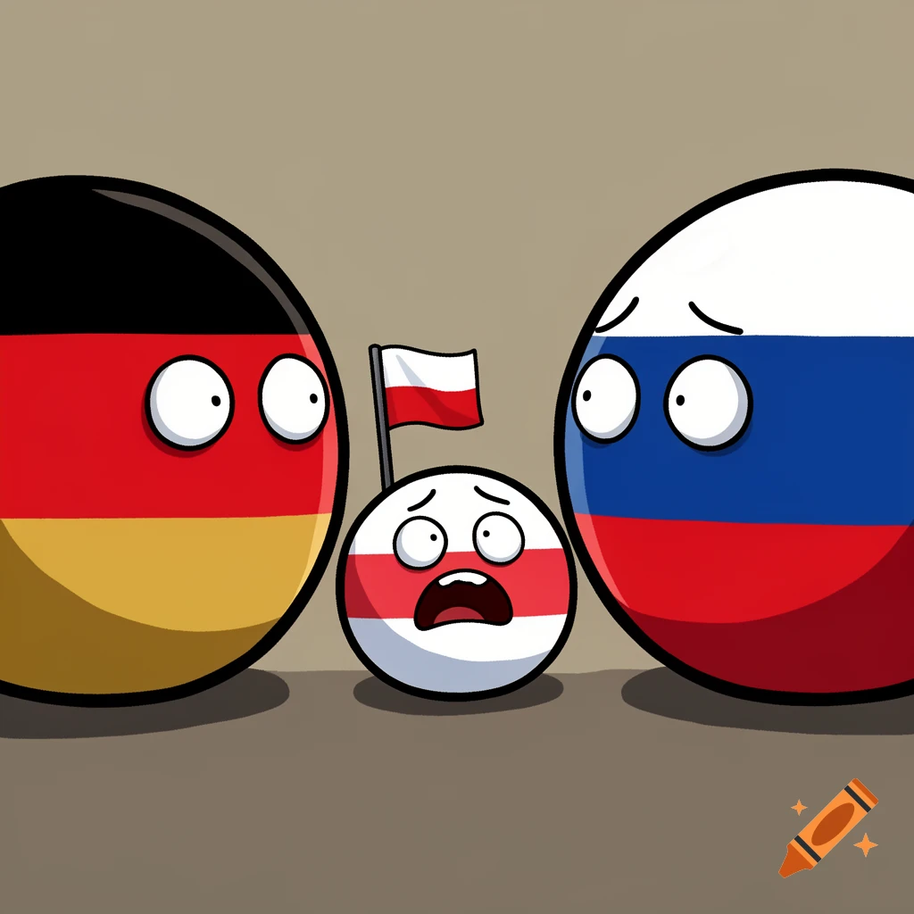 A scared Polandball stands between surprised German and Russian countryballs in a political cartoon style.