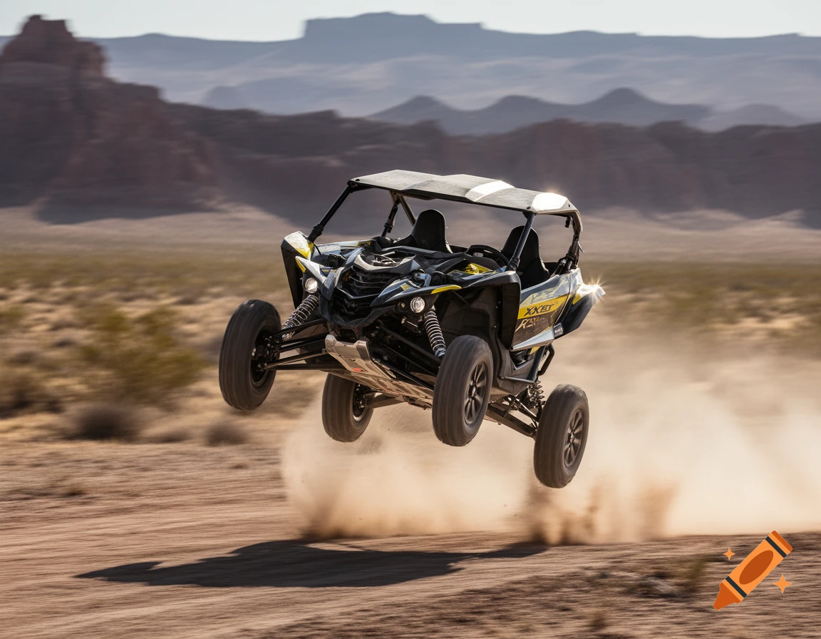 A black and yellow off-road vehicle (UTV) jumps high over a dusty desert trail with distant mountains under a clear sky.