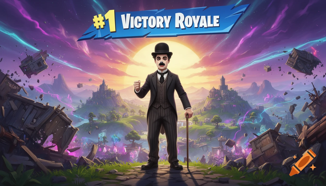 Stylized Charlie Chaplin celebrates Victory Royale in a fantastical, colorful Fortnite-like landscape.