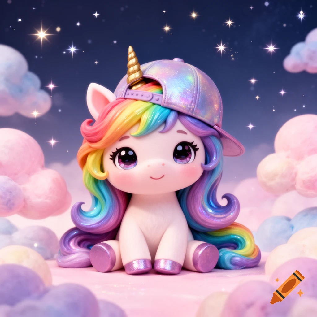 A cute, stylized baby unicorn with a rainbow mane and a glittery baseball cap sits among pastel clouds and stars.