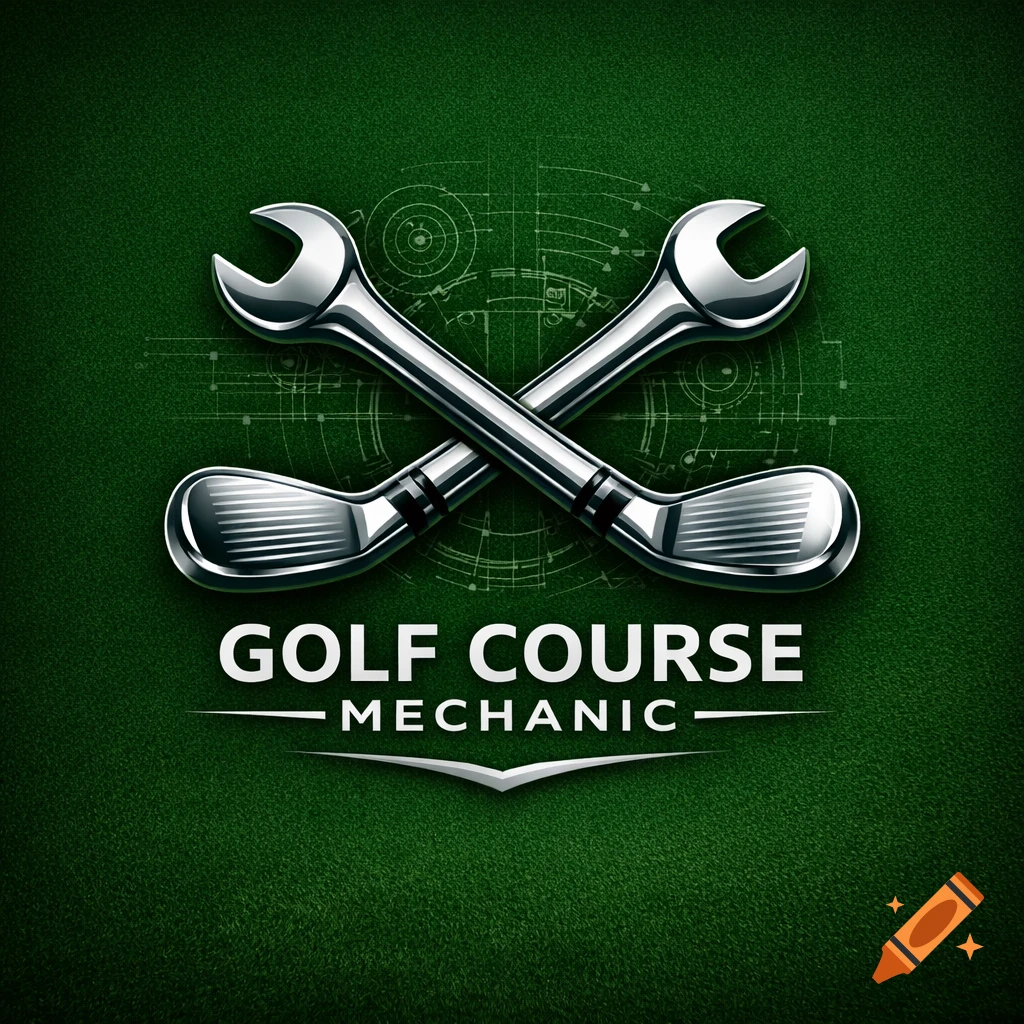Logo for Golf Course Mechanic featuring crossed chrome wrenches with golf club heads on a dark green textured background.