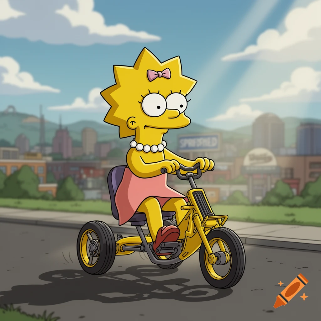 Cartoon Lisa Simpson rides a yellow tricycle down a street with a city skyline behind her under a blue sky.