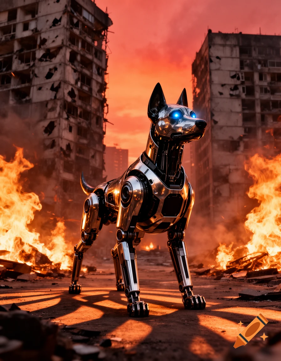 A metallic robot dog with glowing blue eyes stands in a fiery, ruined city under an orange sky, casting long shadows.