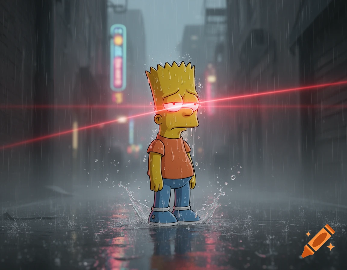 Sad Bart Simpson with glowing red laser eyes stands in a dark, rainy city street at night, water splashing around his feet.
