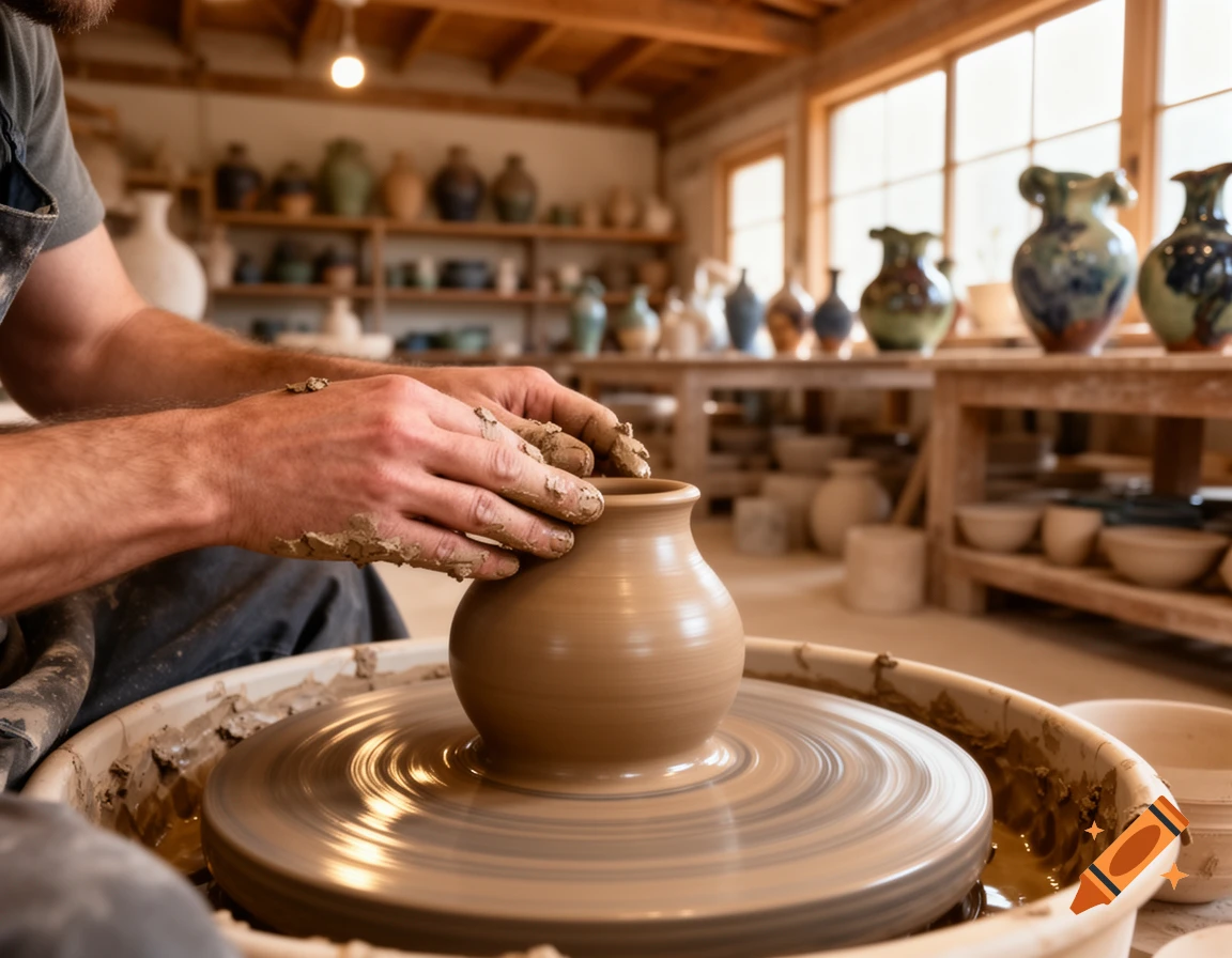 A potter's hands shape clay on a spinning wheel in a sunlit workshop filled with finished pottery, photorealistic.