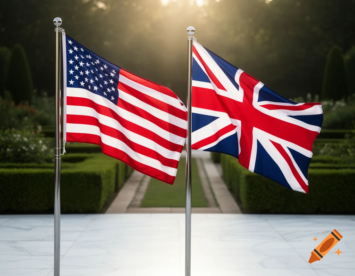 Photorealistic image of American and British flags waving on poles in a sunlit garden.