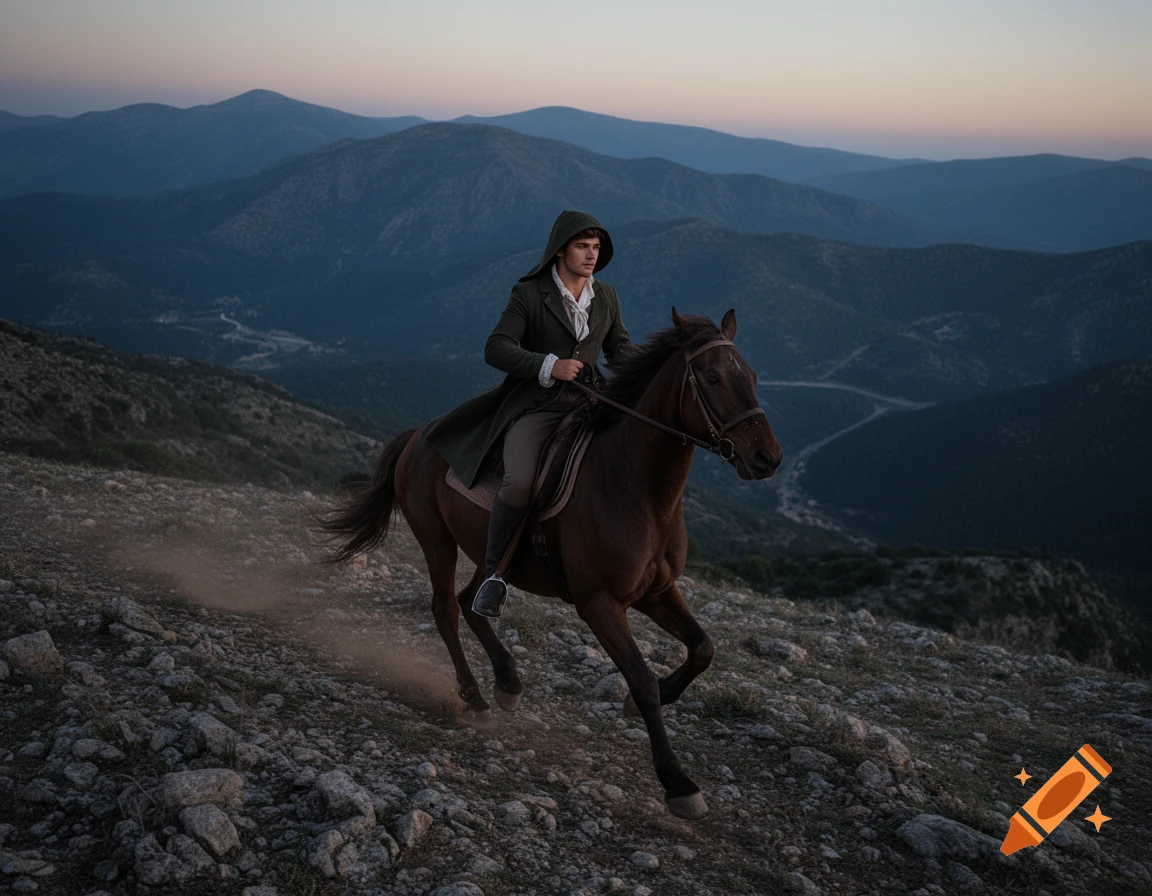 A man in 18th-century attire rides a brown horse through rocky mountains at dusk, kicking up dust.
