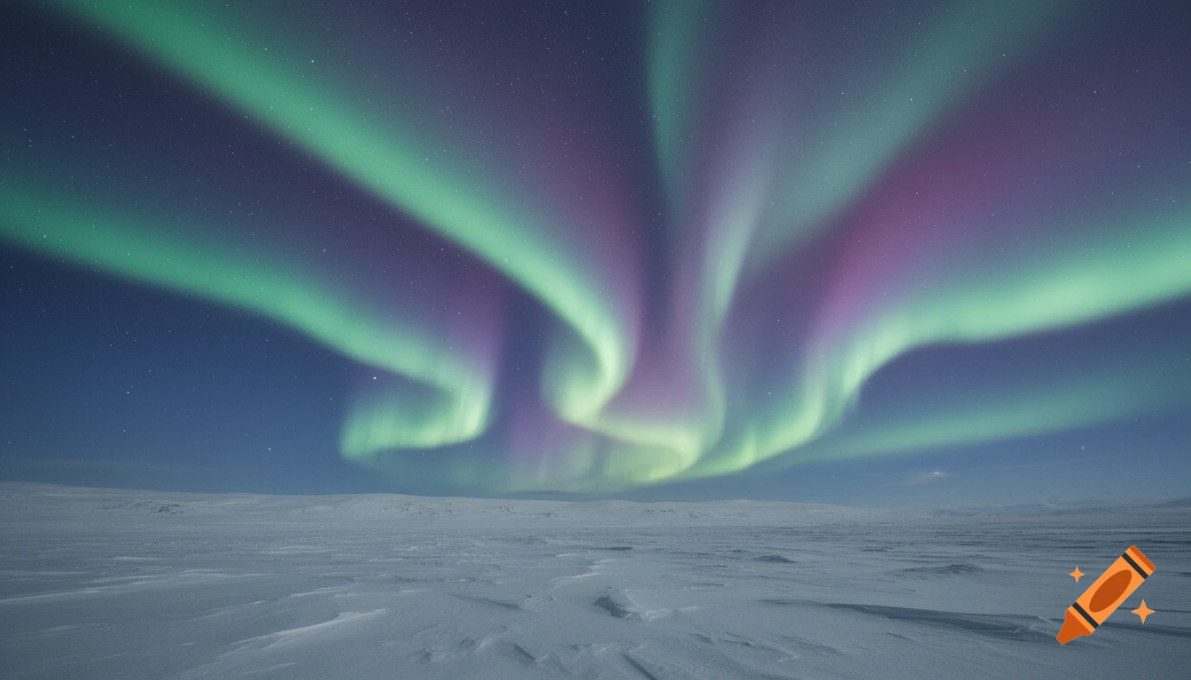 Vibrant green and purple aurora borealis lights streak across a star-filled night sky over a snow-covered landscape.