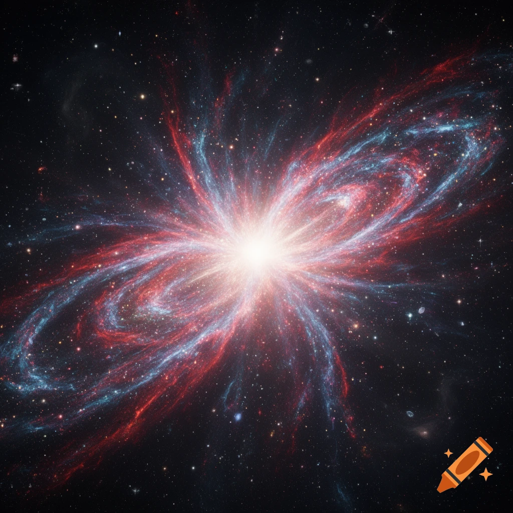 A vibrant supernova with red and blue cosmic dust swirling around a brilliant white star in deep space.